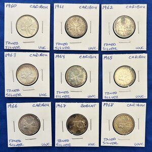 Nicely Toned Set of 9 Mint Uncirculated Silver 1960 to 1968 25¢ Canada Quarters